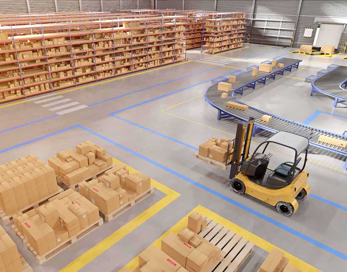 Forklift moving boxes around in a warehouse for transport — warehouse logistics